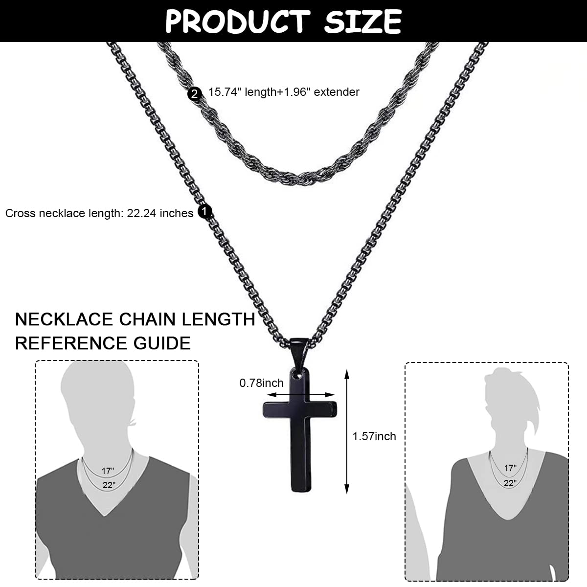 MAYCREATE Black 2 Pcs Double Layered Electroplated Titanium Classic Cross Pendant Steel Chain Necklace Set with Flannel Bag for Men & Women MAYCREATE Black 2 Pcs Double Layered Electroplated Titanium Classic Cross Pendant Steel Chain Necklace Set with Flannel Bag for Men & Women